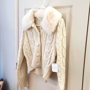 Altar'D State Cropped Cardigan With Faux Fur Collar,Size XS, Cream Colir